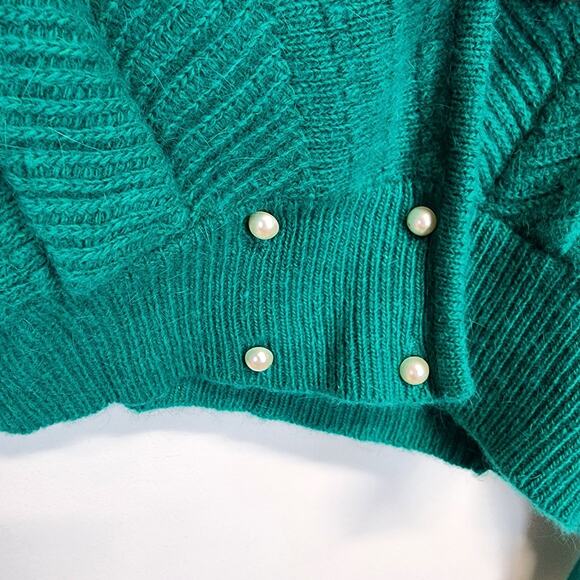 Vintage Sideffects Sweater Size M Green Pearl Buttons Balloon Sleeve Deep Neck - Picture 9 of 16